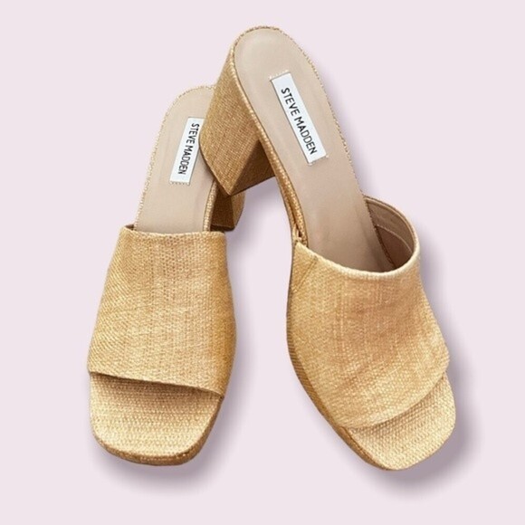 Steve Madden Elda Heels Beige Tweed Square Open Toe Sandals Y2K Womens Size 9.5 - Picture 2 of 8